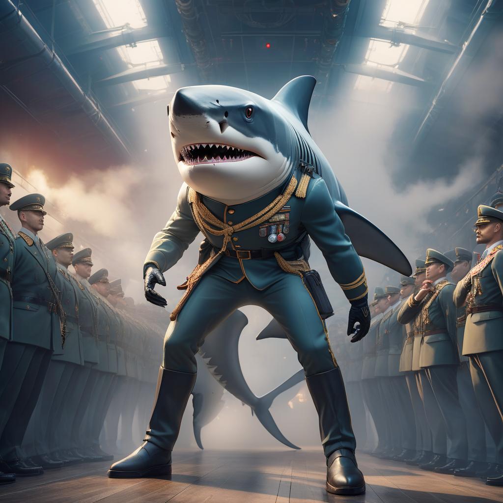  anime artwork Shark in Russian military uniform with captain's epaulettes saluting . anime style, key visual, vibrant, studio anime, highly detailed hyperrealistic, full body, detailed clothing, highly detailed, cinematic lighting, stunningly beautiful, intricate, sharp focus, f/1. 8, 85mm, (centered image composition), (professionally color graded), ((bright soft diffused light)), volumetric fog, trending on instagram, trending on tumblr, HDR 4K, 8K