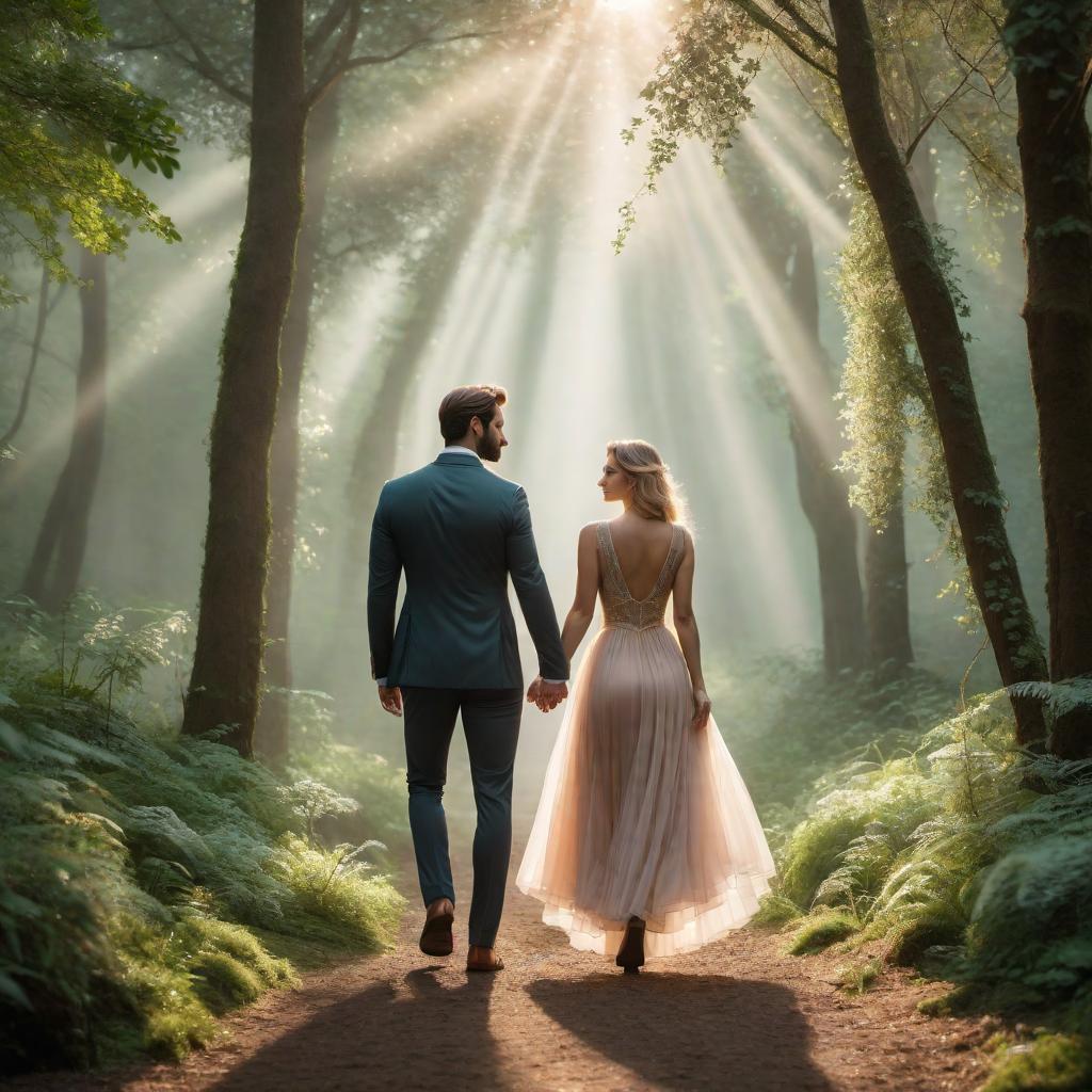  A couple labeled 'Aries' and 'Capricorn,' walking hand-in-hand through a serene, wooded area. The scene captures a relaxed, intimate moment between them. The image should have a dreamy, fantasy lo-fi aesthetic, with soft muted colors, grainy textures, warm lighting, whimsical elements like glowing fairy lights, ethereal mist, and sparkles. The overall vibe should be calm, nostalgic, and magical. hyperrealistic, full body, detailed clothing, highly detailed, cinematic lighting, stunningly beautiful, intricate, sharp focus, f/1. 8, 85mm, (centered image composition), (professionally color graded), ((bright soft diffused light)), volumetric fog, trending on instagram, trending on tumblr, HDR 4K, 8K