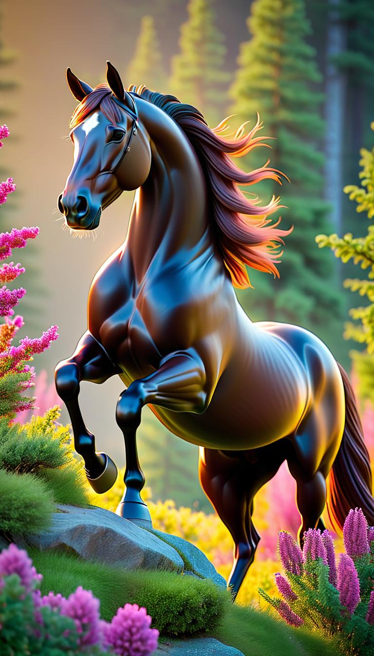  Professional 3D model of A summery, beautiful, stately, brown horse mounts on top of a mountain. The horse is surrounded by beautiful flowers, trees and bushes. There is a pink flower in its mane. . Rendered with Octane, the model is highly detailed,dramatic lighting. hyperrealistic, full body, detailed clothing, highly detailed, cinematic lighting, stunningly beautiful, intricate, sharp focus, f/1. 8, 85mm, (centered image composition), (professionally color graded), ((bright soft diffused light)), volumetric fog, trending on instagram, trending on tumblr, HDR 4K, 8K