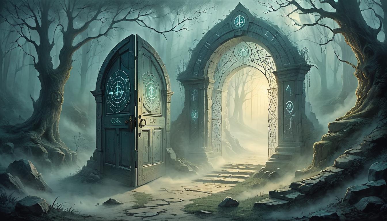  on parchment, surrealism+++, An ethereal doorway in a dense fog, surrounded by glowing runes, light pouring through the cracks of the door, mystical, transcendental, alignment, purpose(mysterious, provocative, symbolic,muted color)+++