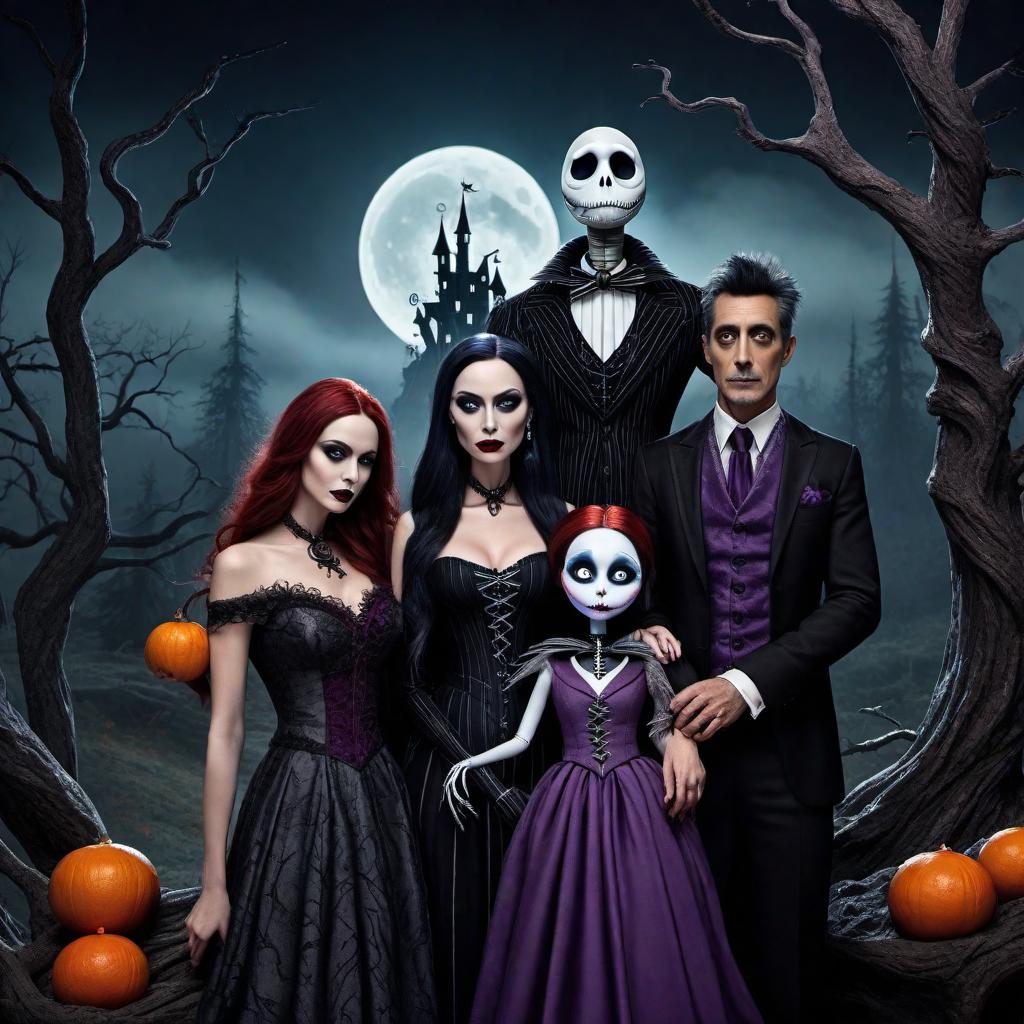  A family portrait inspired by The Nightmare Before Christmas. The scene should include family members dressed in gothic, Tim Burton-style clothing. The background should be a dark, eerie landscape with twisted trees, a full moon, and whimsical, haunted elements. The family should have distinct, exaggerated features reminiscent of characters from the movie, with a mix of spooky and whimsical expressions. The overall color scheme should be dark, using purples, blacks, and grays, with touches of contrasting bright colors like oranges and greens. hyperrealistic, full body, detailed clothing, highly detailed, cinematic lighting, stunningly beautiful, intricate, sharp focus, f/1. 8, 85mm, (centered image composition), (professionally color graded), ((bright soft diffused light)), volumetric fog, trending on instagram, trending on tumblr, HDR 4K, 8K