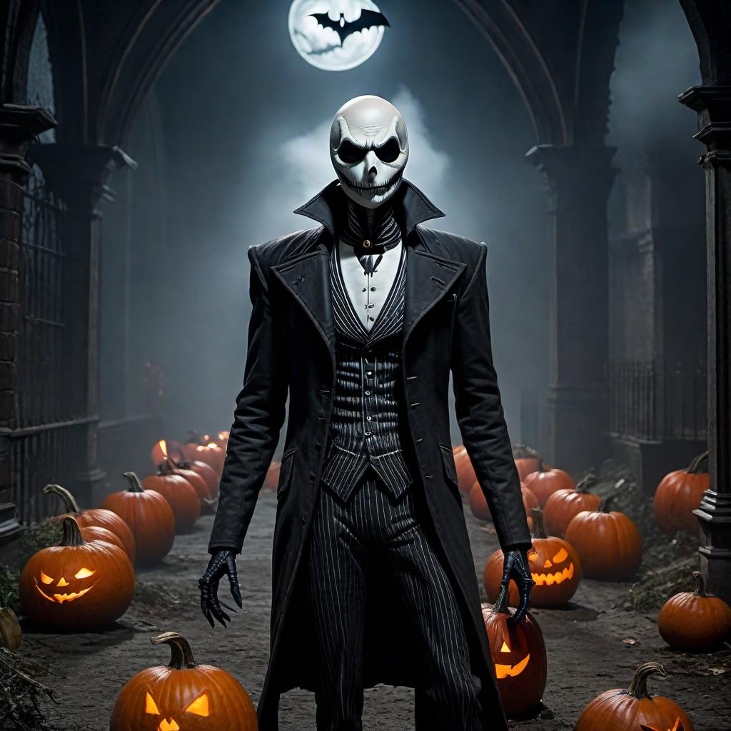  Jack Skellington, known as Jack the Pumpkin King, as an inmate at Arkham Asylum. The scene is set in the dark, eerie halls of Arkham Asylum with Gothic architecture. Jack Skellington is dressed in a tattered straightjacket and has menacing, glowing red eyes. He is surrounded by classic Batman villains like the Joker and Harley Quinn, all in their nightmarish forms. The asylum is filled with eerie, twisted trees and ghostly pumpkins. The atmosphere is haunting, filled with fog, and the color palette is dominated by dark, foreboding hues - blacks, deep reds, and ghostly greys. hyperrealistic, full body, detailed clothing, highly detailed, cinematic lighting, stunningly beautiful, intricate, sharp focus, f/1. 8, 85mm, (centered image composition), (professionally color graded), ((bright soft diffused light)), volumetric fog, trending on instagram, trending on tumblr, HDR 4K, 8K