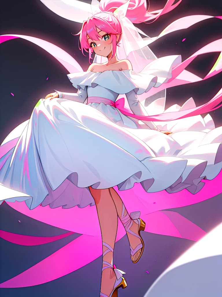  Beautiful , whole body image, woman, pink hair, ponytail, ribbon, wedding dress, A line, off shoulder, smiles, heel shoes, white dresses, toes, front, slender, slender, masterpiece, best quality,8k,ultra detailed,high resolution,an extremely delicate and beautiful,hyper detail