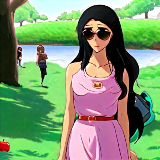  The picture features a young woman with long, wavy black hair standing outdoors in front of a green, leafy background. She is wearing a light brown, button-up dress with a belt tied at the waist and an Apple Watch on her left wrist. In her left hand, she holds a pair of black sunglasses and an iPhone with a decorative case featuring an anime or cartoon design. The woman is looking slightly to her right with a contemplative expression.