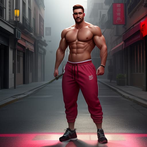  A full length, drunken, smiling, broad shouldered man of short stature, muscular. Pink eyes, bronze skin color, silver short cropped hair. Sporty, defiant, in red sweatpants hyperrealistic, full body, detailed clothing, highly detailed, cinematic lighting, stunningly beautiful, intricate, sharp focus, f/1. 8, 85mm, (centered image composition), (professionally color graded), ((bright soft diffused light)), volumetric fog, trending on instagram, trending on tumblr, HDR 4K, 8K