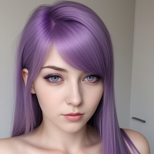  A adult female have purple hair , purple eyes,