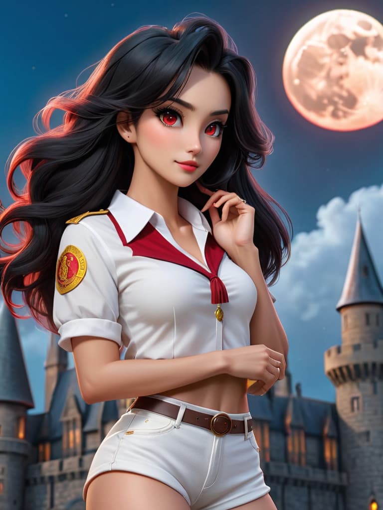  score 9, score 8 up, score 7 up, detailed, black hair, long hair, red eyes, white shirt, short shorts, black shorts, cloud, moon, full moon, Hogwarts, castle hill, night sky, street, shooting star, looking at viewer, blush, light smile, closed mouth, strong pose, (mature female:0.65), v, hand up, clenched hand, hyperrealistic, full body, detailed clothing, highly detailed, cinematic lighting, stunningly beautiful, intricate, sharp focus, f/1. 8, 85mm, (centered image composition), (professionally color graded), ((bright soft diffused light)), volumetric fog, trending on instagram, trending on tumblr, HDR 4K, 8K