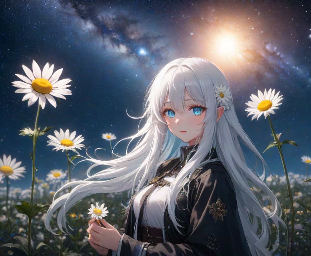  anime artwork A beautiful girl with ice blue eyes and long white hair holds a daisy against the backdrop of the Milky Way. . anime style, key visual, vibrant, studio anime, highly detailed hyperrealistic, full body, detailed clothing, highly detailed, cinematic lighting, stunningly beautiful, intricate, sharp focus, f/1. 8, 85mm, (centered image composition), (professionally color graded), ((bright soft diffused light)), volumetric fog, trending on instagram, trending on tumblr, HDR 4K, 8K