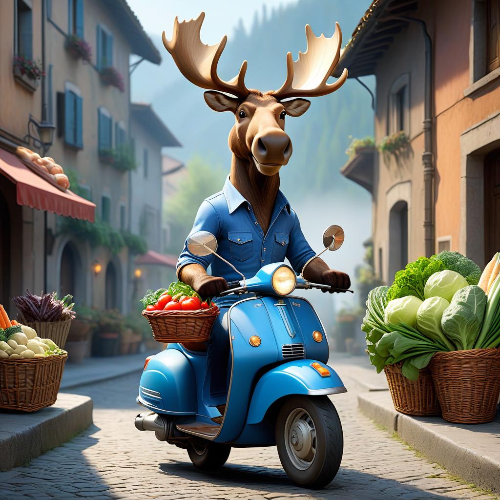  concept art Decal. Humanized moose in a blue shirt and jeans on a scooter in an Italian style with a vegetable basket. concept art {prompt}. Digital artwork, illustrative, painterly, matte painting, highly detailed. . digital artwork, illustrative, painterly, matte painting, highly detailed, STICKER hyperrealistic, full body, detailed clothing, highly detailed, cinematic lighting, stunningly beautiful, intricate, sharp focus, f/1. 8, 85mm, (centered image composition), (professionally color graded), ((bright soft diffused light)), volumetric fog, trending on instagram, trending on tumblr, HDR 4K, 8K