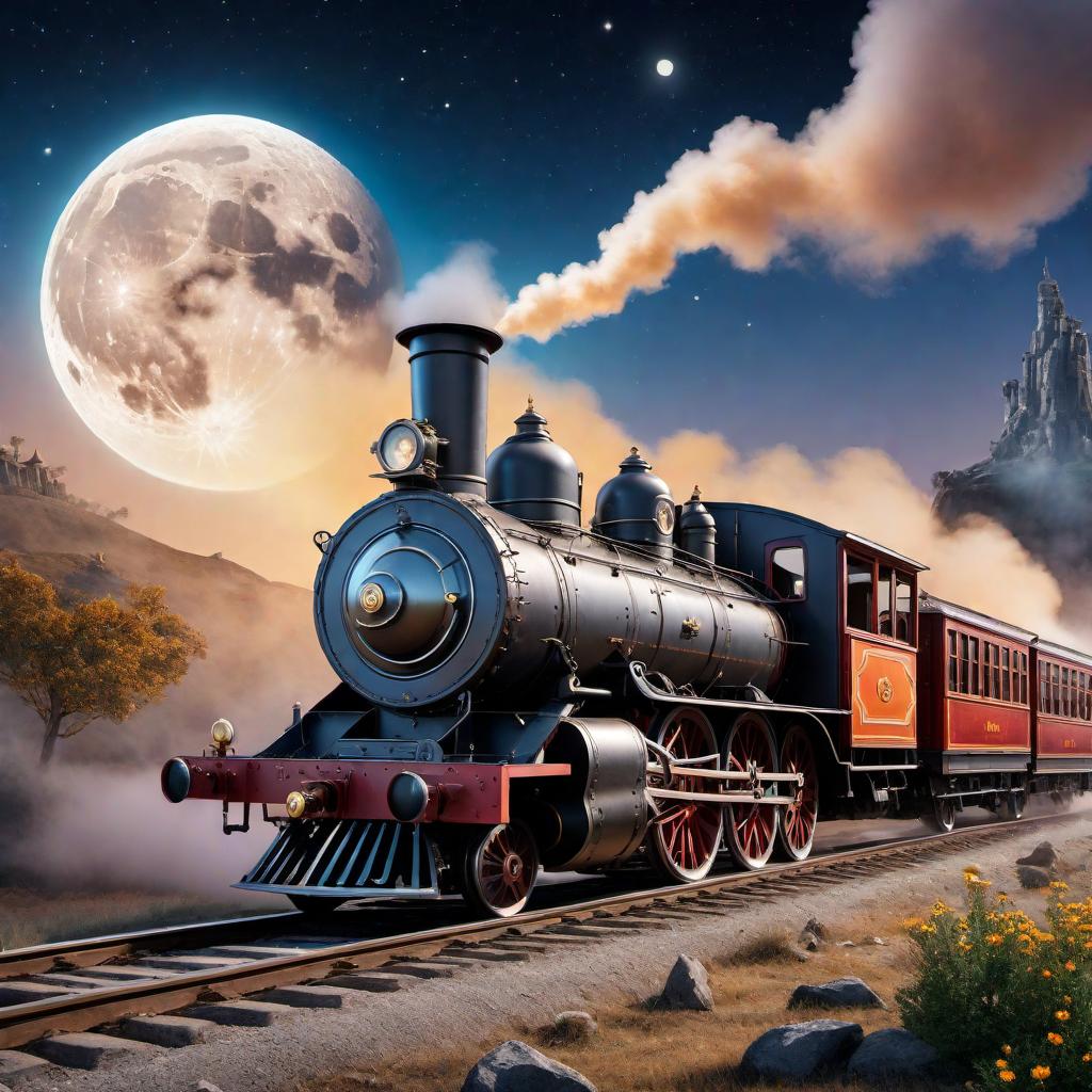  A steam engine with a happy face flying around the moon. The steam engine has colorful carriages, a smiling face on the front, and large eyes. The scene also shows the moon in the background with craters and stars twinkling around. The overall vibe is whimsical and cheerful. hyperrealistic, full body, detailed clothing, highly detailed, cinematic lighting, stunningly beautiful, intricate, sharp focus, f/1. 8, 85mm, (centered image composition), (professionally color graded), ((bright soft diffused light)), volumetric fog, trending on instagram, trending on tumblr, HDR 4K, 8K