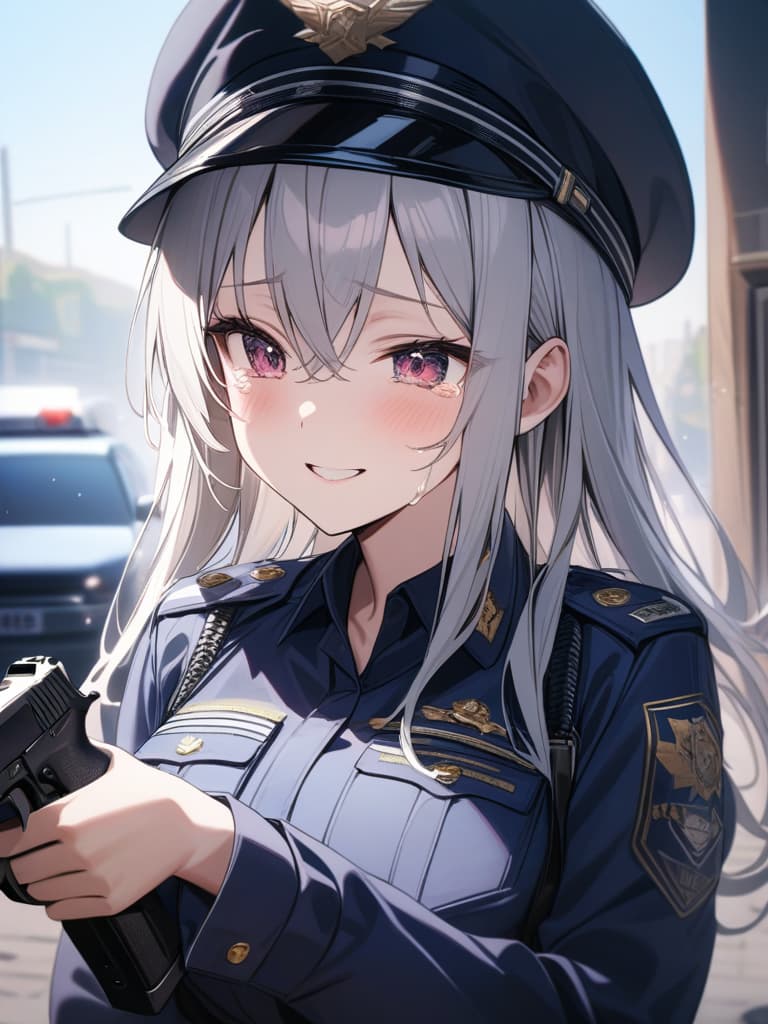  Hold a handgun, crying, smiles, silver hair, police officers, Police, masterpiece, best quality,8k,ultra detailed,high resolution,an extremely delicate and beautiful,hyper detail