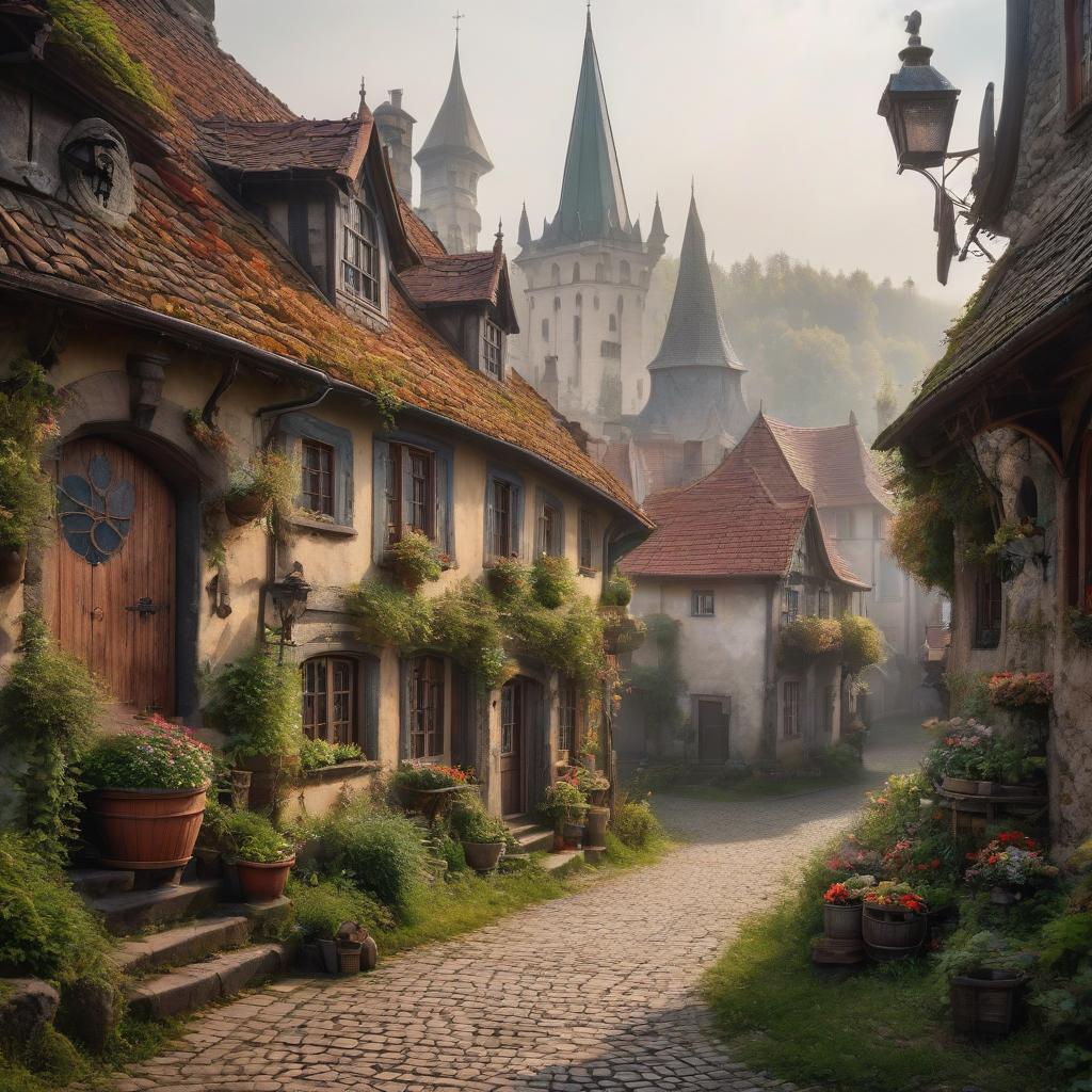  No humans. Small village in Czech. In the style of Jean Baptiste Monge, Gothic old shaky buildings. Garlic. Detailed. Lots of embellishments and small details, Detailed look. soft colors, HDR, 4K hyperrealistic, full body, detailed clothing, highly detailed, cinematic lighting, stunningly beautiful, intricate, sharp focus, f/1. 8, 85mm, (centered image composition), (professionally color graded), ((bright soft diffused light)), volumetric fog, trending on instagram, trending on tumblr, HDR 4K, 8K