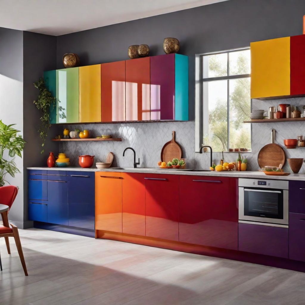  A vibrant rainbow-themed kitchen. Bright, colorful cabinetry in shades of red, orange, yellow, green, blue, indigo, and violet. Each section of cabinets features a different color, arranged in a gradient across the space. The countertops and backsplash utilize a mix of colors with fun patterns, reflecting the rainbow theme. Modern appliances in a neutral color to balance the vivid elements. The flooring is a glossy finish, perhaps in a light color to ensure the colors pop. hyperrealistic, full body, detailed clothing, highly detailed, cinematic lighting, stunningly beautiful, intricate, sharp focus, f/1. 8, 85mm, (centered image composition), (professionally color graded), ((bright soft diffused light)), volumetric fog, trending on instagram, trending on tumblr, HDR 4K, 8K