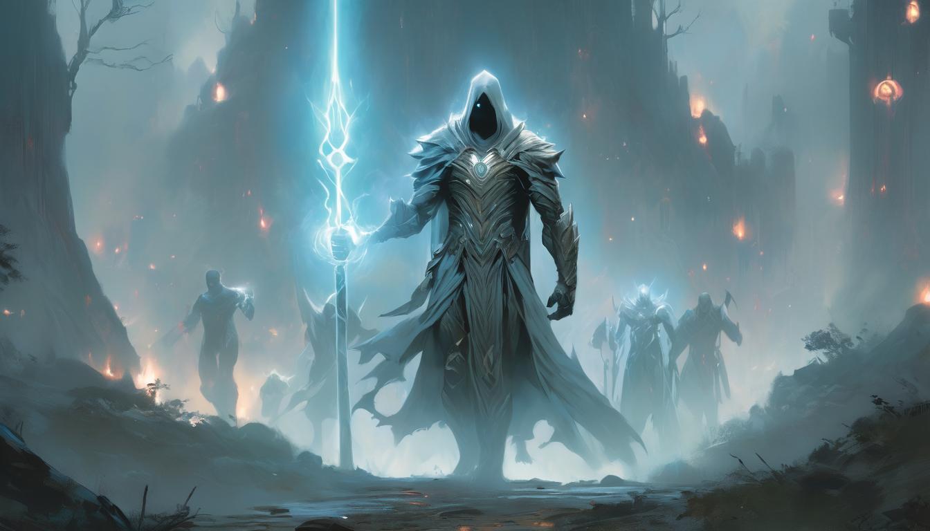  hyperrealism,fantasy aestheticFigure holding a staff with a lighted tip, guiding a group on a misty trail, looks of determination, eyes of discovery, quest for truth, exploratory, high tech clothing clad in sleek, futuristic costume with metallic accents and form fitting designs, marvel superhero comics style, unreal engine rendering