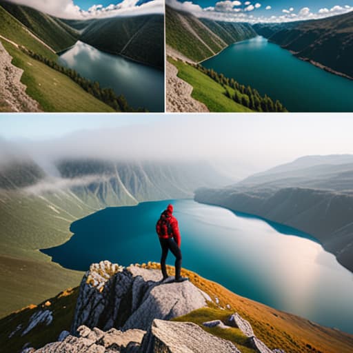  beautiful lake, on top of a mountain hyperrealistic, full body, detailed clothing, highly detailed, cinematic lighting, stunningly beautiful, intricate, sharp focus, f/1. 8, 85mm, (centered image composition), (professionally color graded), ((bright soft diffused light)), volumetric fog, trending on instagram, trending on tumblr, HDR 4K, 8K