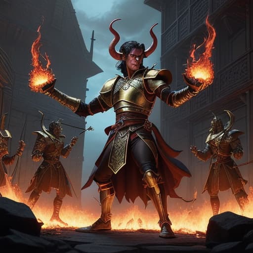  80's fantasy art, A powerful Tiefling warrior standing at 8'4 feet tall with dark red skin, black hair, and glowing golden eyes. He is wearing regal black plate armor with gold trims and holding his hands out, casting a spell. A torrent of flames erupts from his hands, engulfing a training dummy on the training grounds of a bustling guild courtyard. Other guild members watch in awe as the Tiefling's flames dance and roar, demonstrating his mastery of the spell Burning Hands. The setting is filled with training equipment like dummies, archery targets, and sparring rings, and the atmosphere is vibrant and lively.