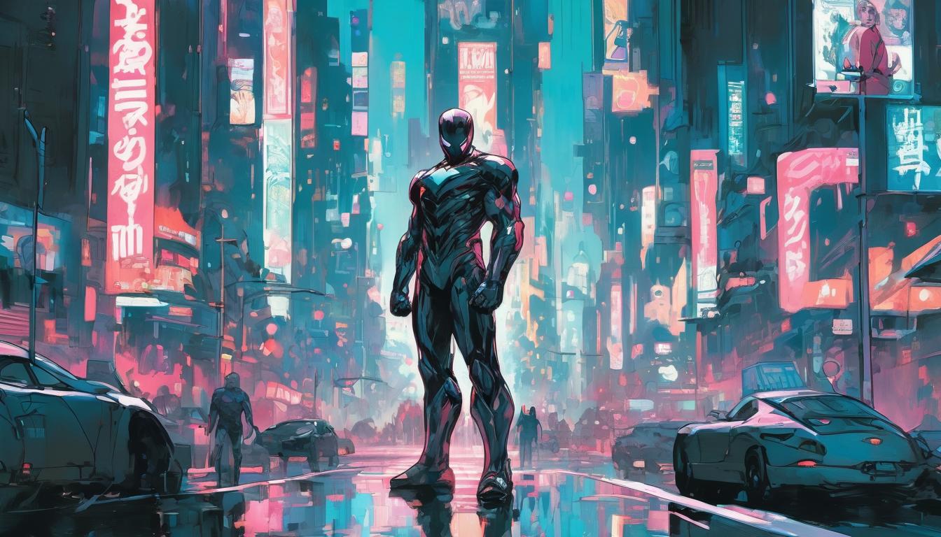  hyperrealism,fantasy aestheticPerson standing at a crossroads, signposts indicating truth and deceit, contemplative posture, making a choice, high tech clothing clad in sleek, futuristic costume with metallic accents and form fitting designs, marvel superhero comics style, unreal engine rendering