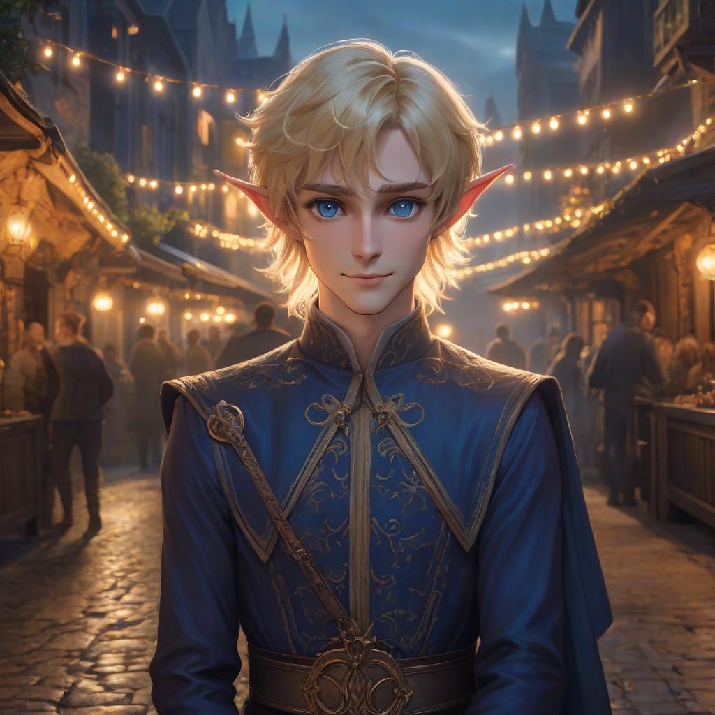  The guy is an elf with blond blond hair. The hair is short, slightly curly. The eyes are a bright deep dark blue color. The face is round. He's grinning. His eyes are slyly narrowed. He is confident in himself hyperrealistic, full body, detailed clothing, highly detailed, cinematic lighting, stunningly beautiful, intricate, sharp focus, f/1. 8, 85mm, (centered image composition), (professionally color graded), ((bright soft diffused light)), volumetric fog, trending on instagram, trending on tumblr, HDR 4K, 8K