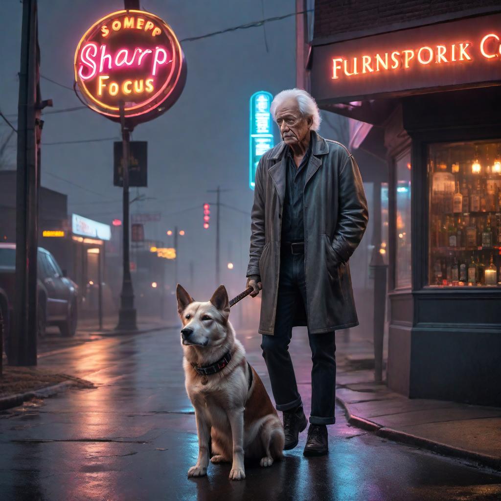  A somber scene of a man walking down a lonely road under a gray sky, his face showing despair. He carries a guitar on his back, and there are neon city lights in the distance. A small fire is lit near him, casting a warm glow. He stands beside a gravestone with a dog's collar. The background includes fading memories of happier times, with a transparent image of an elderly woman and a dog watching over him, signifying his lost loved ones. A bar with neon lights is visible, showing a contrast between his past and current sorrow. Musical notes float around him, symbolizing his hope and dreams tied to his music. hyperrealistic, full body, detailed clothing, highly detailed, cinematic lighting, stunningly beautiful, intricate, sharp focus, f/1. 8, 85mm, (centered image composition), (professionally color graded), ((bright soft diffused light)), volumetric fog, trending on instagram, trending on tumblr, HDR 4K, 8K