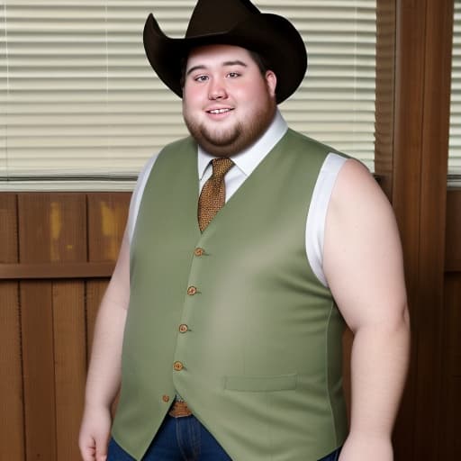  Tall fat guy with skinny legs no neck long scagaly hair big nose green eyes with freckles wearing underpants vest with no shirt and cowboy boots