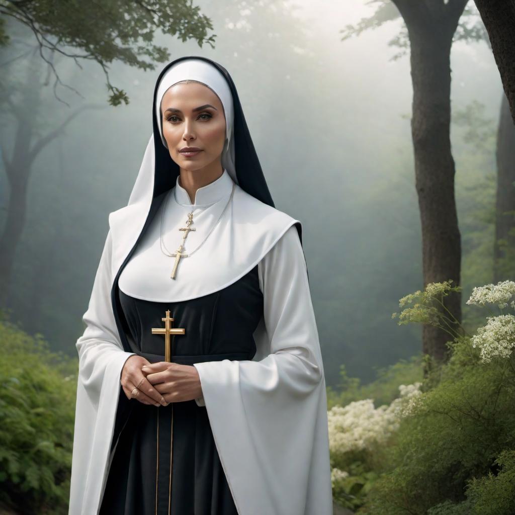  A concept art of a nun, depicting a nun with a bump in a peaceful and serene setting. hyperrealistic, full body, detailed clothing, highly detailed, cinematic lighting, stunningly beautiful, intricate, sharp focus, f/1. 8, 85mm, (centered image composition), (professionally color graded), ((bright soft diffused light)), volumetric fog, trending on instagram, trending on tumblr, HDR 4K, 8K