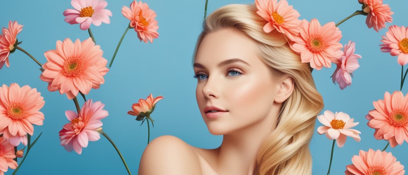  Macro Photography, Portrait of a blonde hair caucasian young woman with floral theme for spring or summer isolated on blue background, close up, macro 100mm, macro photography