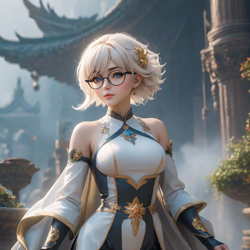  Goddess of balance and order. Short, light colored hair and glasses. hyperrealistic, full body, detailed clothing, highly detailed, cinematic lighting, stunningly beautiful, intricate, sharp focus, f/1. 8, 85mm, (centered image composition), (professionally color graded), ((bright soft diffused light)), volumetric fog, trending on instagram, trending on tumblr, HDR 4K, 8K