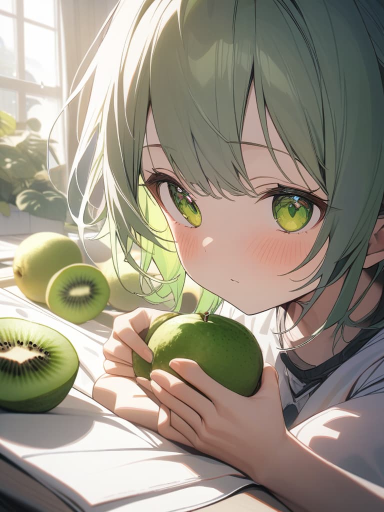  Cute, , yellow green eyes, yellow green hair color, kiwi decoration, kiwi fruit, eye, young face, green , room, white shirt, white shirt, masterpiece, best quality,8k,ultra detailed,high resolution,an extremely delicate and beautiful,hyper detail