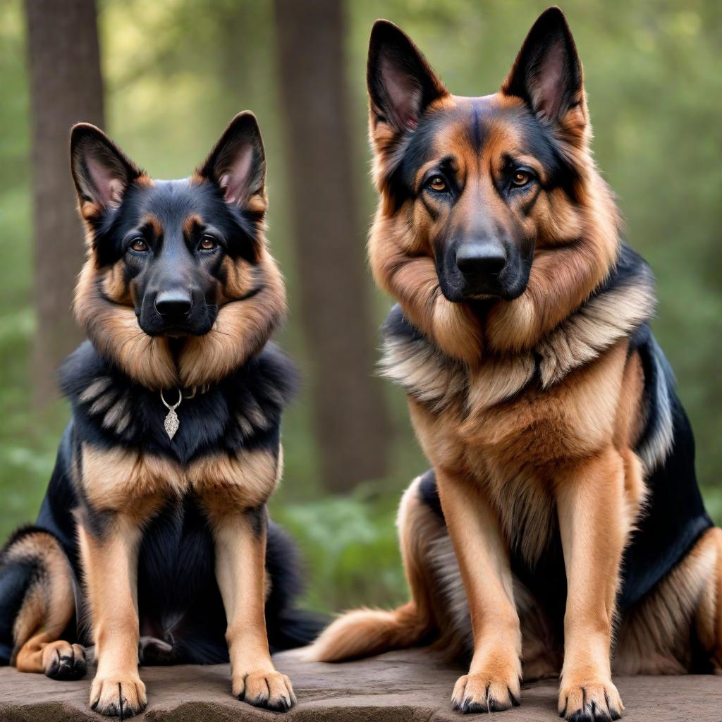  A heartwarming scene featuring Jerry Lee and Raven, two beautiful German Shepherds. They should be together in a bright, loving environment. Display their noble charm and loving nature. Include elements that imply the anticipation of new puppies, such as a cozy area or signs of a nurturing setting, conveying hope and excitement for their future litter. Jerry Lee should be black and tan, and Raven should be black and tan. hyperrealistic, full body, detailed clothing, highly detailed, cinematic lighting, stunningly beautiful, intricate, sharp focus, f/1. 8, 85mm, (centered image composition), (professionally color graded), ((bright soft diffused light)), volumetric fog, trending on instagram, trending on tumblr, HDR 4K, 8K