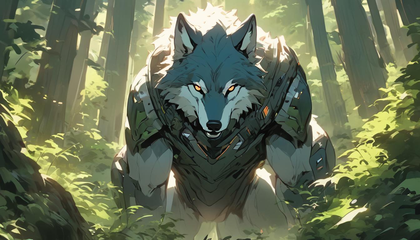  hyperrealism,fantasy aestheticA wolf tracking through a dense forest, sharp eyes indicating focus, vegetation richly detailed, sense of purpose, connection, high tech clothing clad in sleek, futuristic costume with metallic accents and form fitting designs, marvel superhero comics style, unreal engine rendering