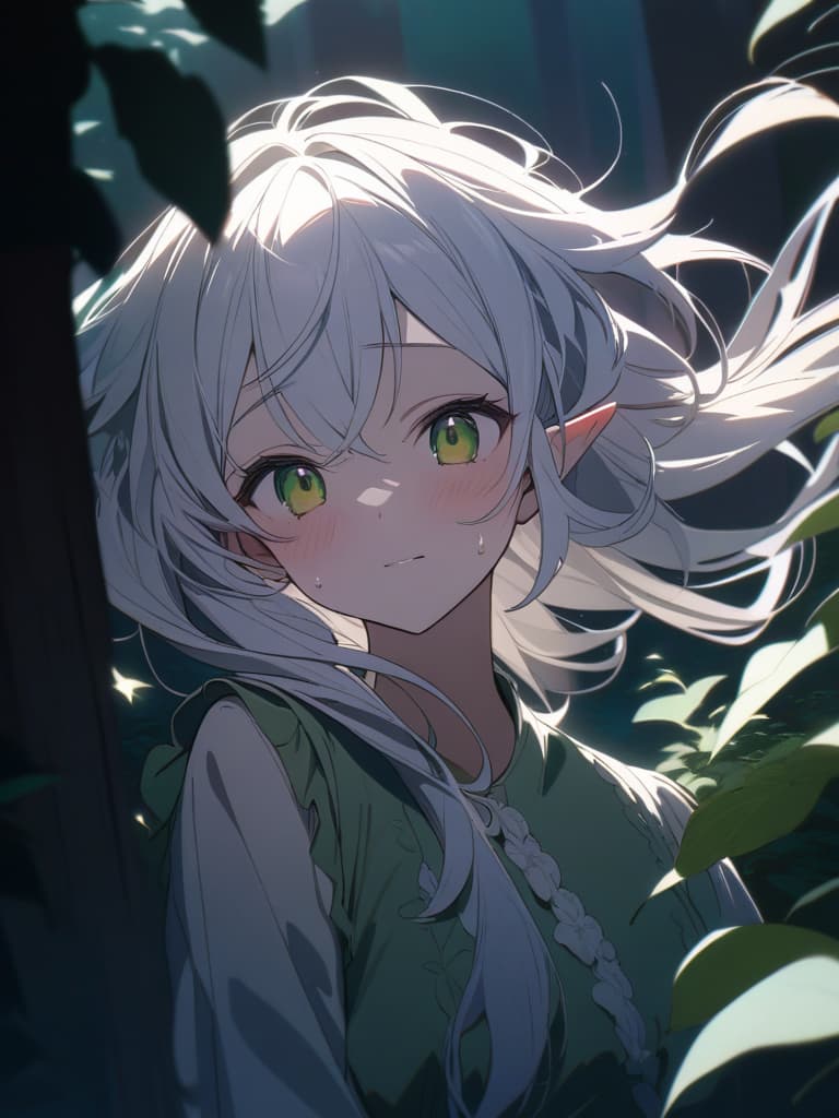  White hair,elf,blushing,maiden in love,love,cute,beautiful girl,gr crown,gr attribute,in the forest,green eyes,green robe,wide open eyes,sweat,flushed face、ultra detailed,best shadow,cute and beautiful face,(masterpiece:1.2),(best quality:1.2),detailed background,high contrast,(best illumination,an extremely delicate and beautiful),((cinematic light)),hyper detail,dramatic light,intricate details,8k,anime,very aesthetic, masterpiece, best quality,8k,ultra detailed,high resolution,an extremely delicate and beautiful,hyper detail