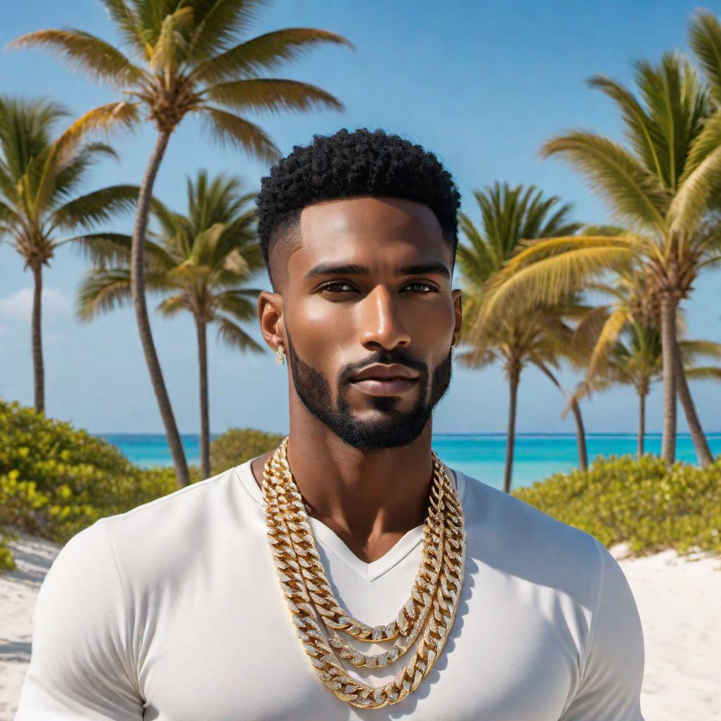  A stylish male model at the beach wearing a prominent diamond-clustered Cuban link chain. The scene includes tall palm trees, a pristine beach with soft sand, a bright blue sky, and a shimmering ocean in the background. The male model should look confident and relaxed, embodying a luxurious and tropical vibe. hyperrealistic, full body, detailed clothing, highly detailed, cinematic lighting, stunningly beautiful, intricate, sharp focus, f/1. 8, 85mm, (centered image composition), (professionally color graded), ((bright soft diffused light)), volumetric fog, trending on instagram, trending on tumblr, HDR 4K, 8K