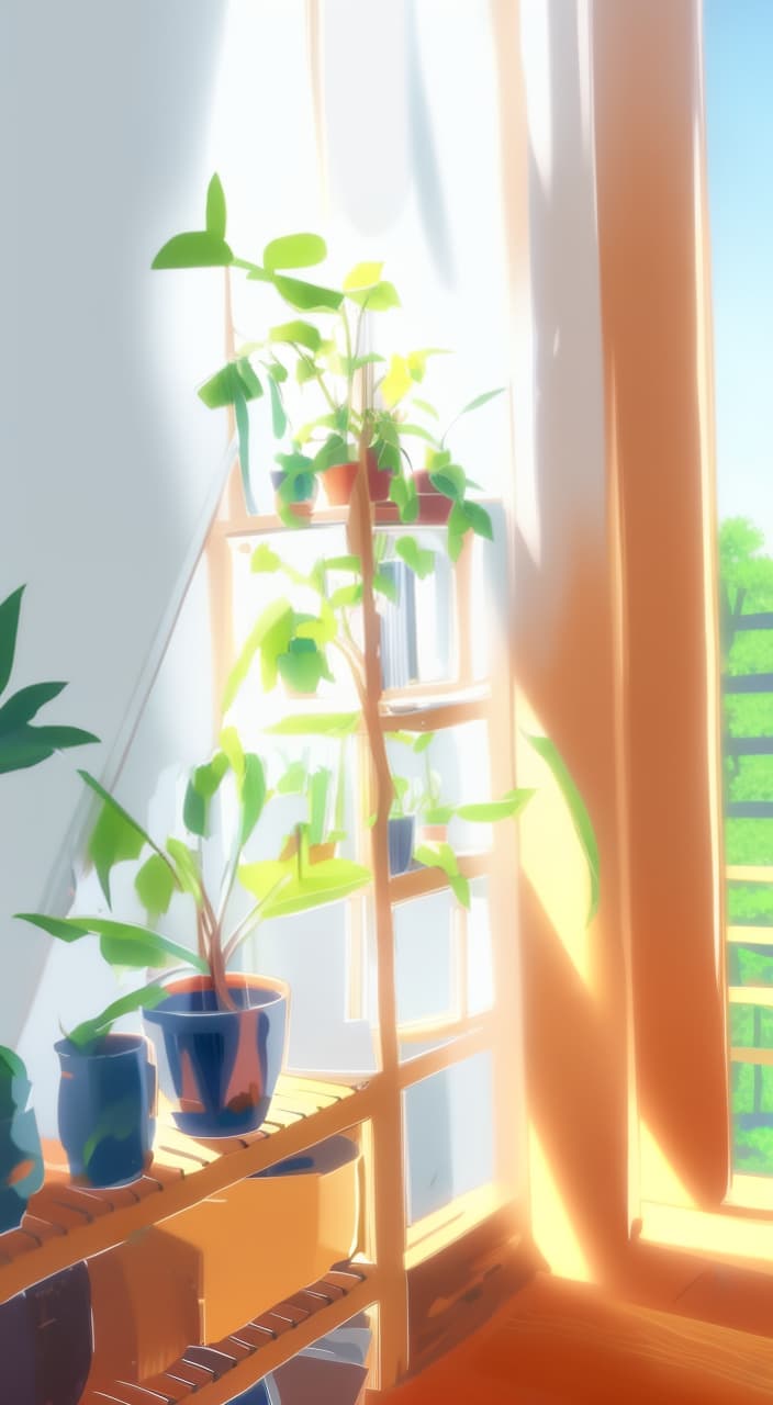  anime screenshot composed of a potted plant sits on a wooden shelf in front of a window, studio ghibli style,anime style,clear,sharp, symmetrical, soft lighting, sky, flat colours, sharp, nice lines