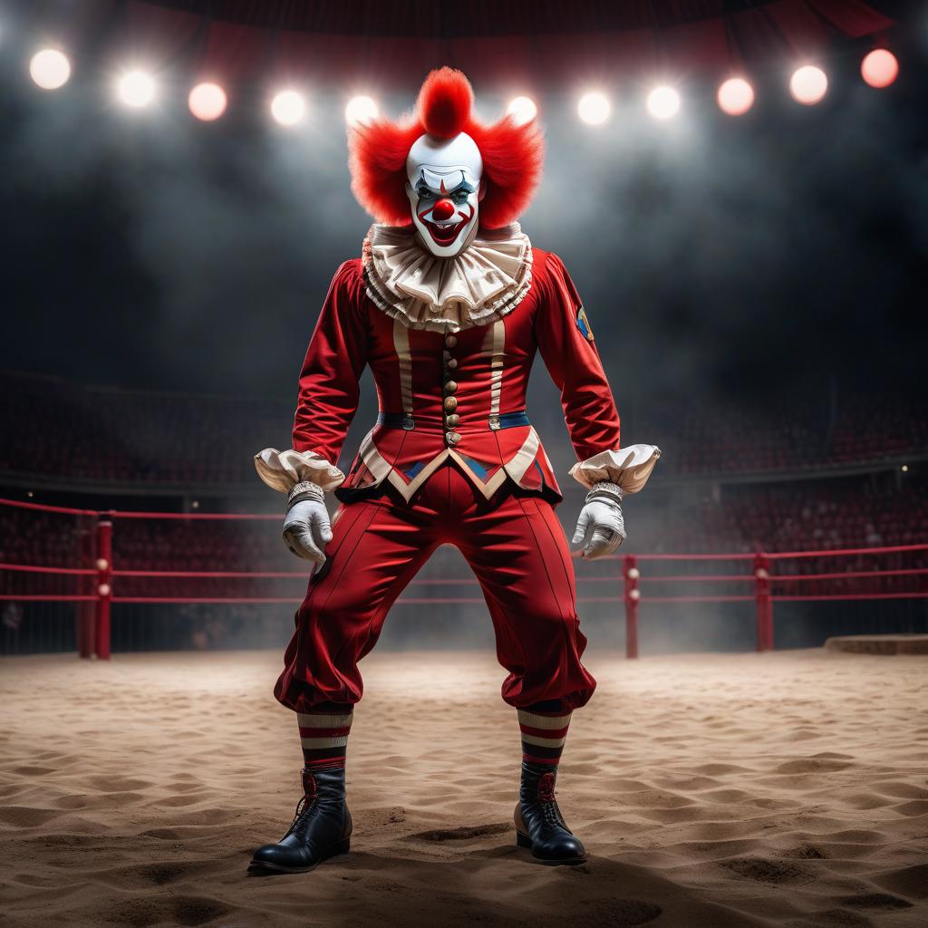  Red clown in the arena, cartoon, abstractionism, surrealism, pin ups hyperrealistic, full body, detailed clothing, highly detailed, cinematic lighting, stunningly beautiful, intricate, sharp focus, f/1. 8, 85mm, (centered image composition), (professionally color graded), ((bright soft diffused light)), volumetric fog, trending on instagram, trending on tumblr, HDR 4K, 8K