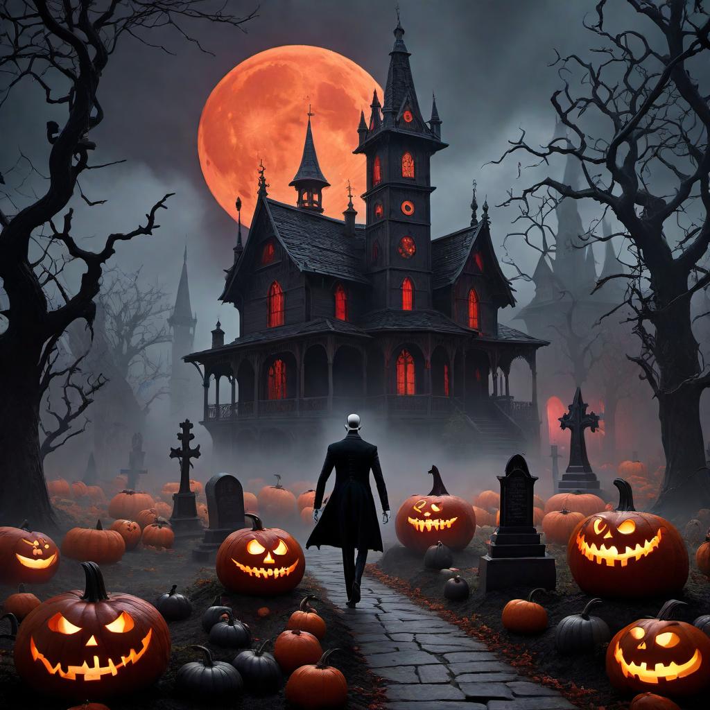  An eerie and dark scene inspired by 'The Nightmare Before Christmas' but with an evil nightmare twist. The setting is a twisted, haunted village under a blood-red moon. Jack Skellington, now more sinister with glowing red eyes and sharper features, stands ominously in the center, surrounded by ghostly, shadowy figures and eerie, twisted trees. The buildings are more Gothic, with sharp spires and dark, distorted architecture. The atmosphere is filled with a haunting fog, and the ground is littered with ghostly pumpkins and creepy gravestones. The color palette is dominated by dark, foreboding hues - blacks, deep reds, and ghostly greys. hyperrealistic, full body, detailed clothing, highly detailed, cinematic lighting, stunningly beautiful, intricate, sharp focus, f/1. 8, 85mm, (centered image composition), (professionally color graded), ((bright soft diffused light)), volumetric fog, trending on instagram, trending on tumblr, HDR 4K, 8K