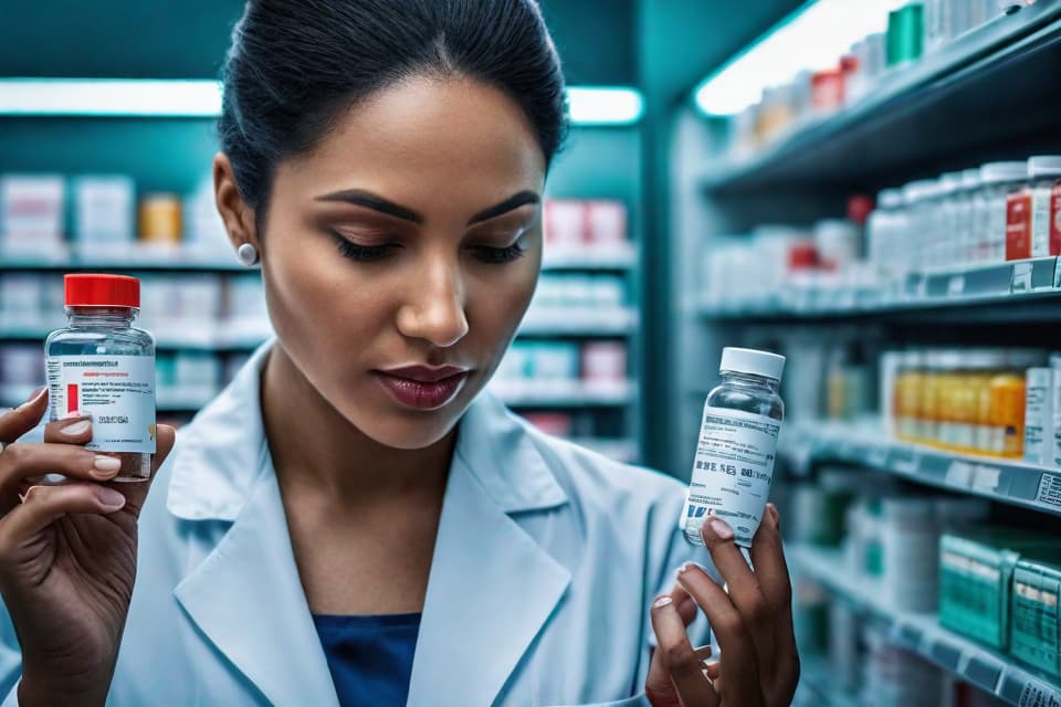  "Close up of a concerned female pharmacist holding a prescription bottle, examining it closely. The background is a well lit, organized pharmacy shelf with various medications, slightly blurred to keep the focus on the pharmacist and the bottle. The pharmacist's expression shows worry and attentiveness, highlighting the seriousness of the FDA recall list. The image is realistic, detailed, and uses high quality lighting to emphasize the importance of safety and vigilance in medication handling."Ensure no face,leg,hand or eye defomities.Ensure all images are clear, detailed, contains no text and no deformities. realistic, highly detailed, photorealistic, cinematic lighting, intricate, sharp focus, f/1.8, 85mm, (centered image composition), (p hyperrealistic, full body, detailed clothing, highly detailed, cinematic lighting, stunningly beautiful, intricate, sharp focus, f/1. 8, 85mm, (centered image composition), (professionally color graded), ((bright soft diffused light)), volumetric fog, trending on instagram, trending on tumblr, HDR 4K, 8K