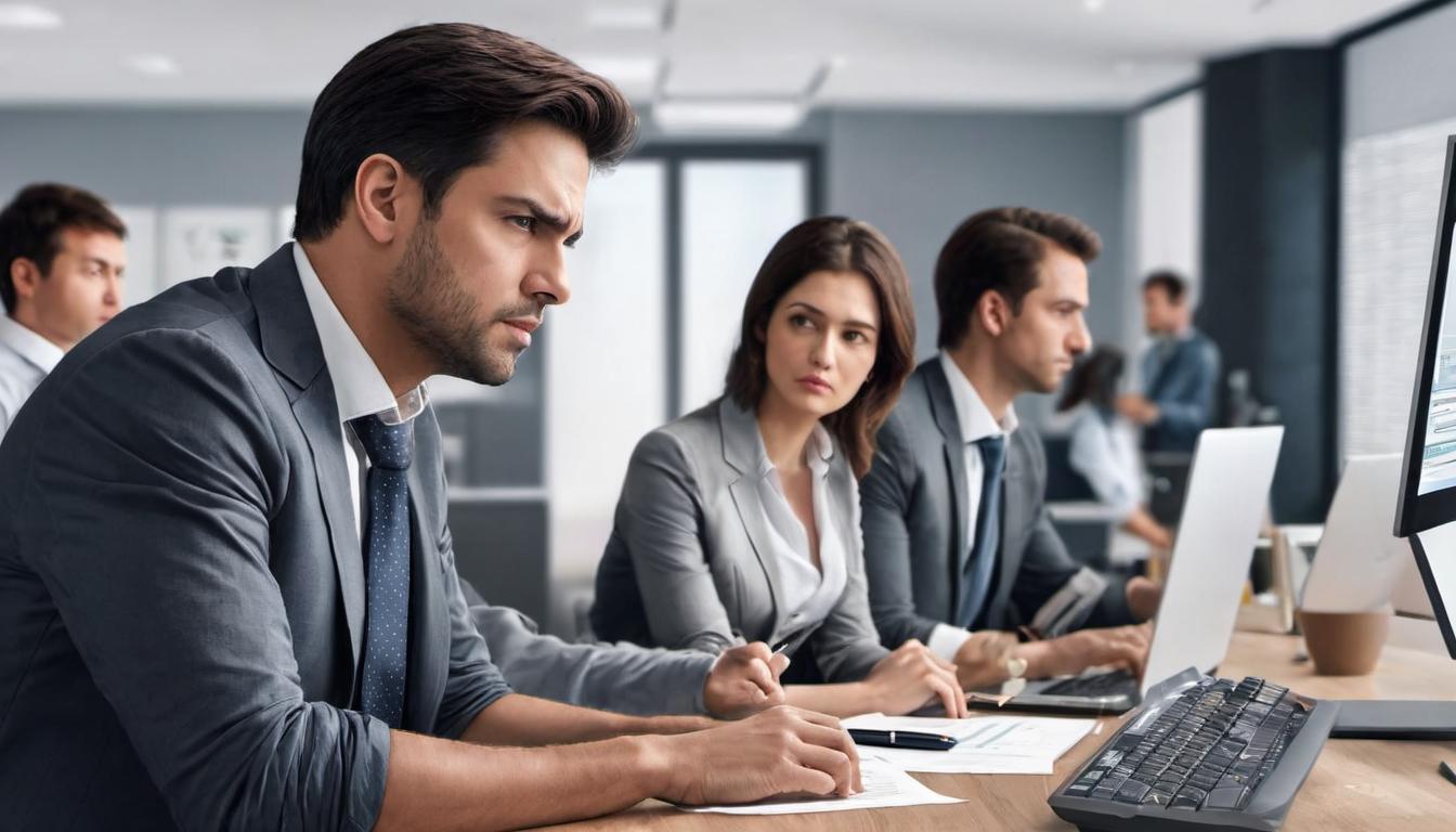  digital illustration, 1man, making a decision on his own, woman in the background looking excluded and unhappy, man's face focused on a task, office setting with desk and computer, formal clothing for man, casual for woman, sense of isolation, looking at viewer, dynamic pose, (intricate details, masterpiece, best quality)