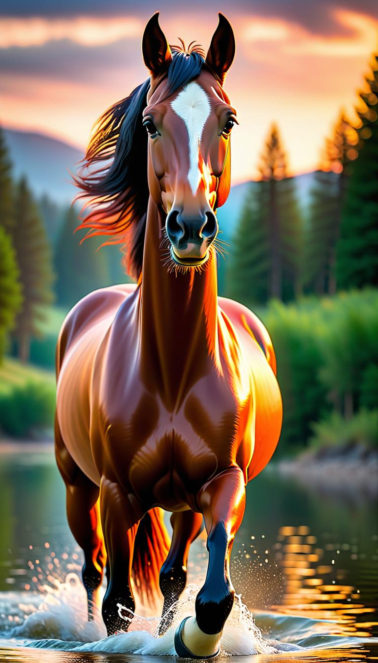  Professional 3D model of A horse. Detailed, beautiful and wonderful. The horse swimming in the water. Its on the evening and a sunrise is there. . Rendered with Octane, the model is highly detailed,dramatic lighting. hyperrealistic, full body, detailed clothing, highly detailed, cinematic lighting, stunningly beautiful, intricate, sharp focus, f/1. 8, 85mm, (centered image composition), (professionally color graded), ((bright soft diffused light)), volumetric fog, trending on instagram, trending on tumblr, HDR 4K, 8K