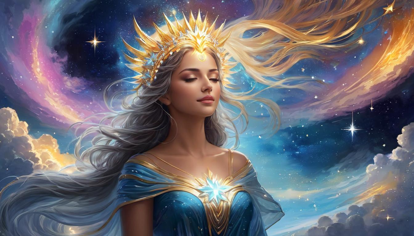  digital painting of A radiant celestial being, ethereal light emanating, surrounded by swirling stars and galaxies, heavenly aura, divine presence, mystical looking at viewer, dynamic pose, (intricate details, masterpiece, best quality)