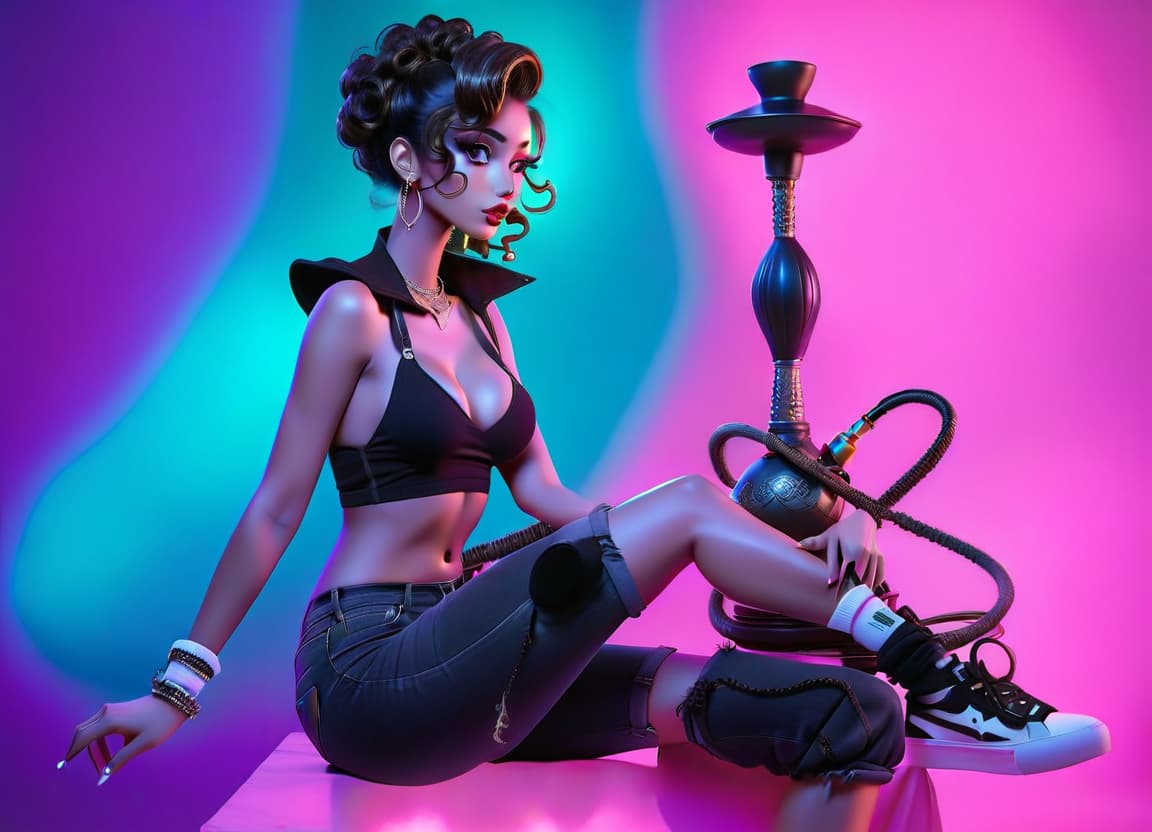  A girl is sitting on the roof against the backdrop of a night city, her hair is black, her hairdo is curly, she is holding a hookah, wearing denim shorts and white sneakers, a profile view. hyperrealistic, full body, detailed clothing, highly detailed, cinematic lighting, stunningly beautiful, intricate, sharp focus, f/1. 8, 85mm, (centered image composition), (professionally color graded), ((bright soft diffused light)), volumetric fog, trending on instagram, trending on tumblr, HDR 4K, 8K