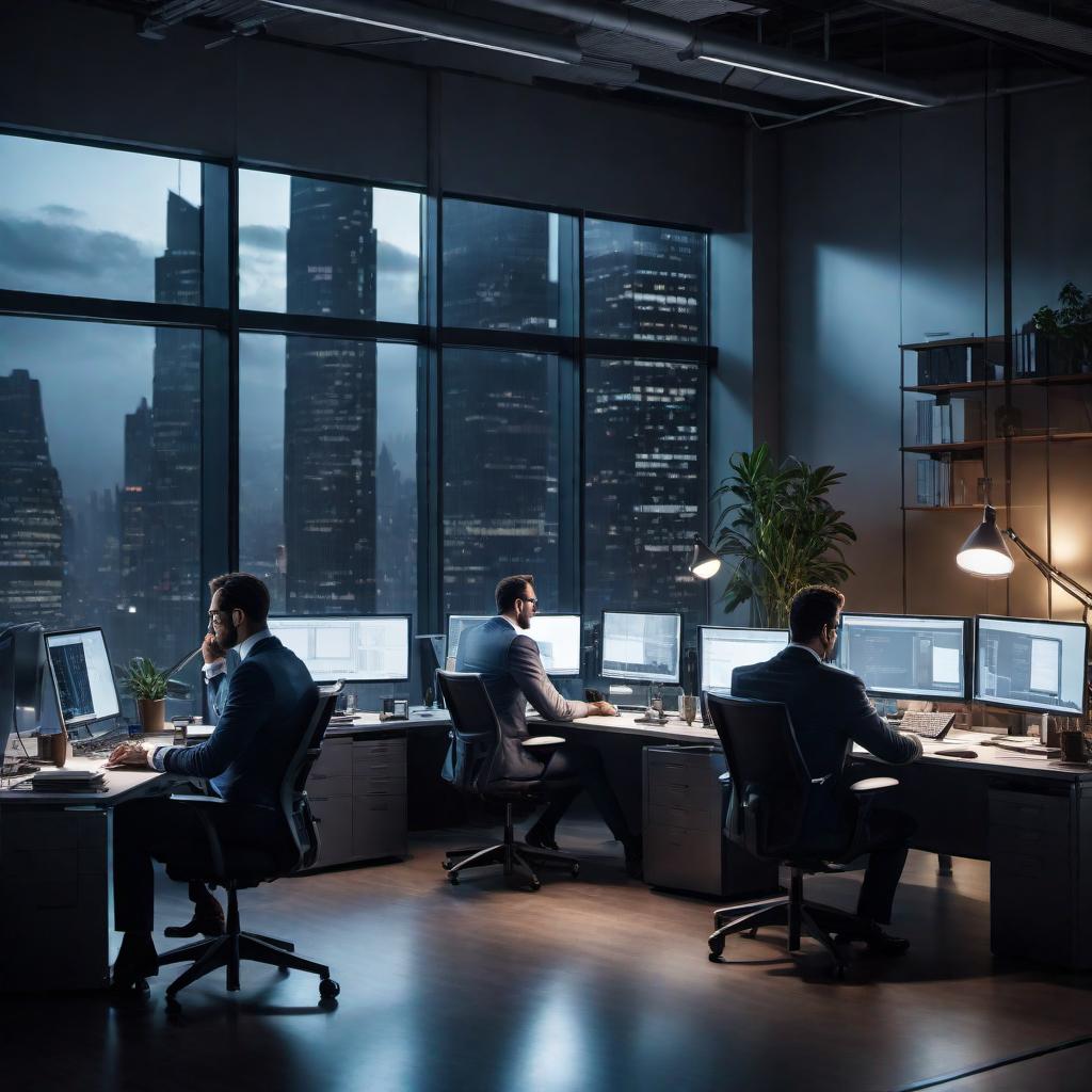  A group of third shift late night employees working in an office. The scene should be dimly lit with the glow of computer screens illuminating their faces. Some employees are focused on their tasks, while others are sipping coffee or chatting quietly. There should be a sense of calm but also a bit of fatigue among the workers. The office should have a modern look with desks, computers, and office chairs, and a large window showing the dark night outside. hyperrealistic, full body, detailed clothing, highly detailed, cinematic lighting, stunningly beautiful, intricate, sharp focus, f/1. 8, 85mm, (centered image composition), (professionally color graded), ((bright soft diffused light)), volumetric fog, trending on instagram, trending on tumblr, HDR 4K, 8K