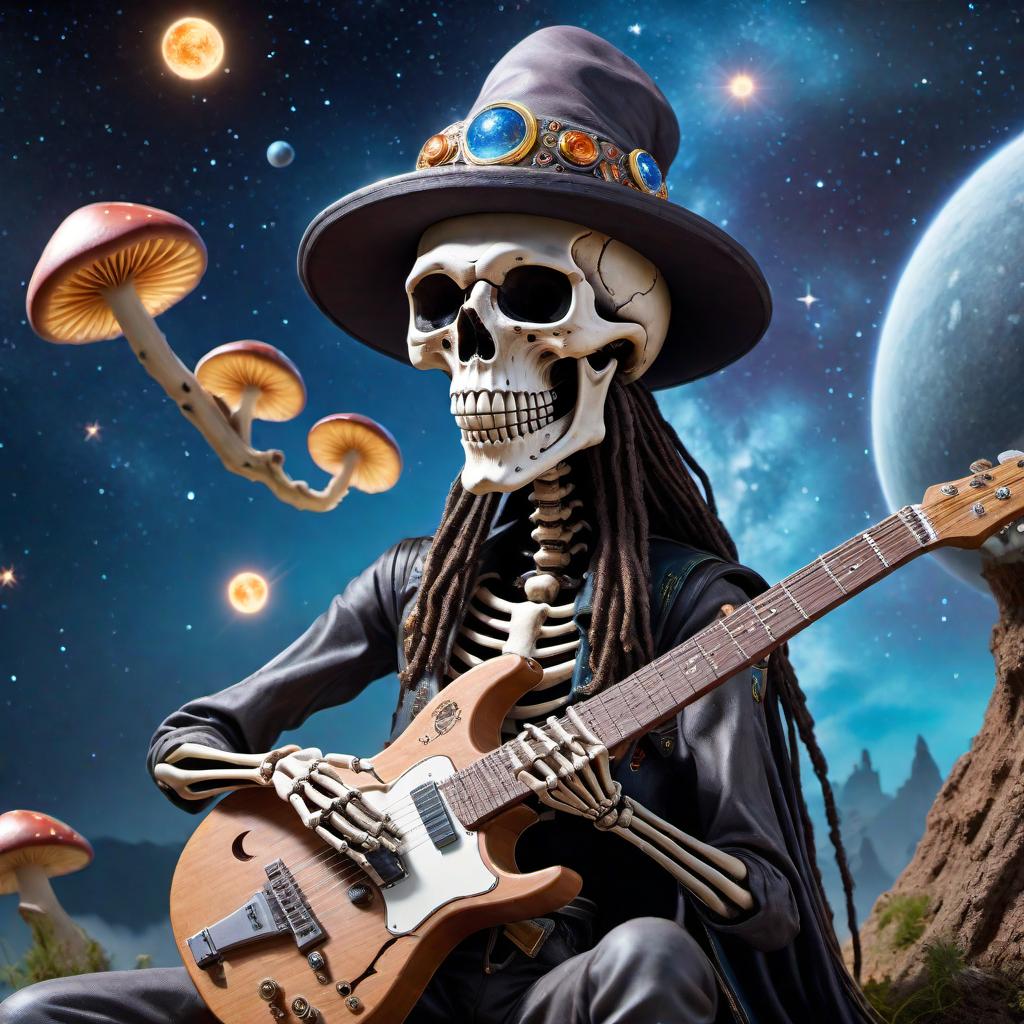  A cartoon skeleton with cartoon-style short dreadlocks growing from the top of his head, playing an electric guitar while sitting on a mushroom, and wearing a wizard hat, all set in outer space with stars and planets in the background. hyperrealistic, full body, detailed clothing, highly detailed, cinematic lighting, stunningly beautiful, intricate, sharp focus, f/1. 8, 85mm, (centered image composition), (professionally color graded), ((bright soft diffused light)), volumetric fog, trending on instagram, trending on tumblr, HDR 4K, 8K