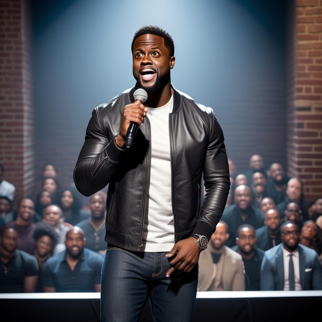  A stand-up comedy stage with a spotlight focusing on a comedian delivering a joke. The comedian has a vibrant and expressive face, typical of Kevin Hart, Michael Epps, and Kevin Michael styles. The audience is in the dark but you can see some faces and laughter. The backdrop of the stage has a brick wall and a microphone stand. The scene is lively, energetic, and full of humor, reflecting the different styles of Kevin Hart, Michael Epps, and Kevin Michael. The comedian is interacting with the audience, making animated gestures and expressions as part of the delivery of his jokes. hyperrealistic, full body, detailed clothing, highly detailed, cinematic lighting, stunningly beautiful, intricate, sharp focus, f/1. 8, 85mm, (centered image composition), (professionally color graded), ((bright soft diffused light)), volumetric fog, trending on instagram, trending on tumblr, HDR 4K, 8K