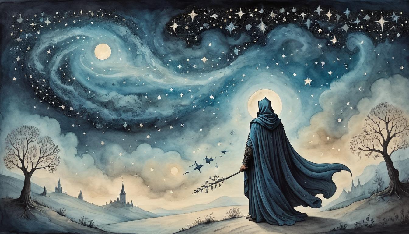  on parchment, surrealism+++, A figure wrapped in a cloak of stars, celestial chosen one, atmospheric presence, cosmic connection, serene night sky(mysterious, provocative, symbolic,muted color)+++