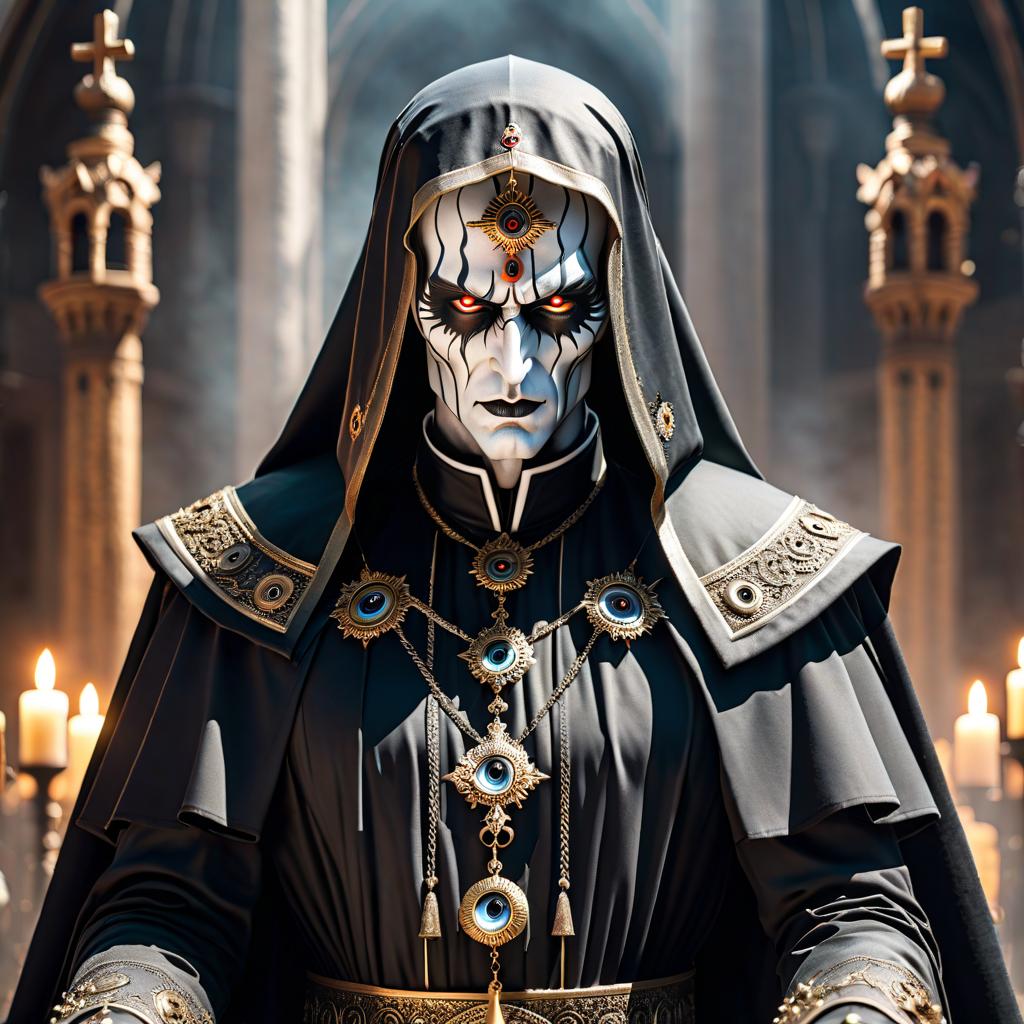  A terrifying deity in a priest's costume with numerous faces and six eyes. Black tears are flowing from the eyes. hyperrealistic, full body, detailed clothing, highly detailed, cinematic lighting, stunningly beautiful, intricate, sharp focus, f/1. 8, 85mm, (centered image composition), (professionally color graded), ((bright soft diffused light)), volumetric fog, trending on instagram, trending on tumblr, HDR 4K, 8K