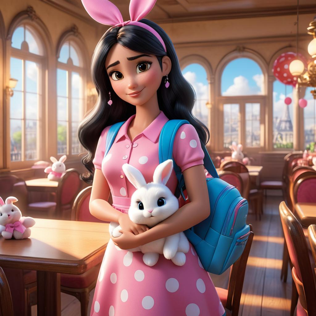  [Subject Description]: Paris, a bright young with long black hair tied in two ids with pink ribbons, wearing a cute pink dress with white polka dots and a small blue backpack with bunny prints, clasping her bunny stuffed animal tightly, looking anxious. [Environment Description]: In a clroom at Fluffy Clouds pre , with colorful decorations, small tables, and chairs around, evoking a warm and friendly atmosphere. [Art Style]: High resolution, Pixar 3D animated film style with detailed rendering. [Color and Light]: Bright, soft lights with a warm feel, emphasizing the cheerful yet slightly overwhelming clroom environment. [Camera Angle and Composition]: Medium shot focusing on Paris’s face and upper body, capturing her a hyperrealistic, full body, detailed clothing, highly detailed, cinematic lighting, stunningly beautiful, intricate, sharp focus, f/1. 8, 85mm, (centered image composition), (professionally color graded), ((bright soft diffused light)), volumetric fog, trending on instagram, trending on tumblr, HDR 4K, 8K