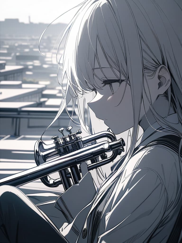  Monochrome, long hair, girl, cute, profile, wind, uniform, school rooftop, sky background, trumpet, masterpiece, best quality,8k,ultra detailed,high resolution,an extremely delicate and beautiful,hyper detail