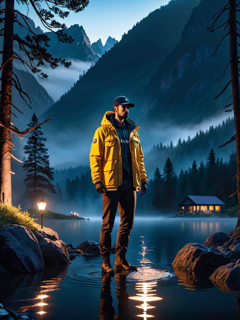  score 9, score 8 up, score 7 up, detailed, night, (dark environment), mountains, water, trees, no humans, reflection, hyperrealistic, full body, detailed clothing, highly detailed, cinematic lighting, stunningly beautiful, intricate, sharp focus, f/1. 8, 85mm, (centered image composition), (professionally color graded), ((bright soft diffused light)), volumetric fog, trending on instagram, trending on tumblr, HDR 4K, 8K