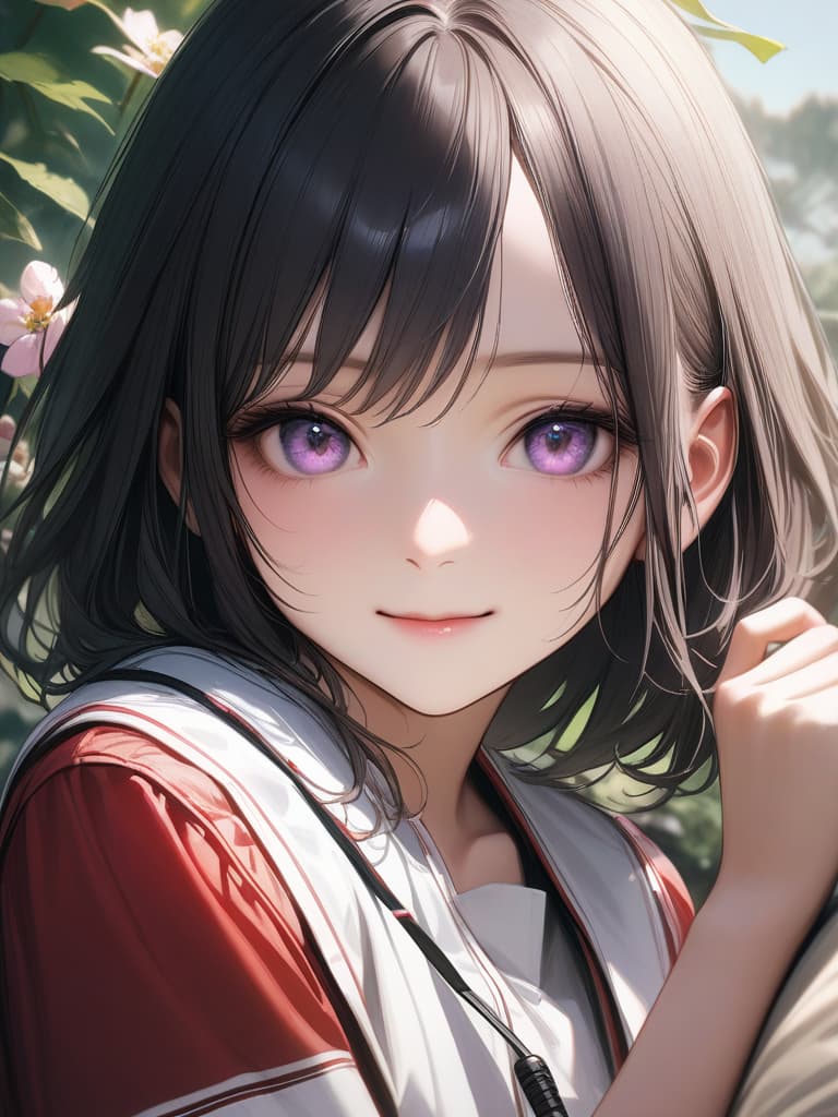  1girl,18yo,green hair,short hair,purple eyes,headphone,summer school uniform,satsuki flower,hold a bundle,light smile,realistic, masterpiece, best quality,8k,ultra detailed,high resolution,an extremely delicate and beautiful,hyper detail