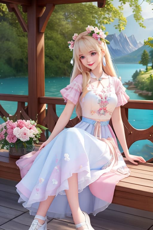  Cute ’s full body 3D artwork, Disney , with mountain peaks, flowers and trees and blue sky as the background, wearing a pink top with a white , long blond hair, white shoes, smiling face, sitting on the wooden swing by the lake, Disney Pixar animation style, high score rate, high quality, high detail. hyperrealistic, full body, detailed clothing, highly detailed, cinematic lighting, stunningly beautiful, intricate, sharp focus, f/1. 8, 85mm, (centered image composition), (professionally color graded), ((bright soft diffused light)), volumetric fog, trending on instagram, trending on tumblr, HDR 4K, 8K